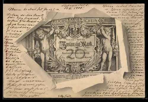 AK Zwanzig Mark, Reichskassenschein im aufgerissenen Umschlag, Kinderfiguren mit Früchten, Wappen