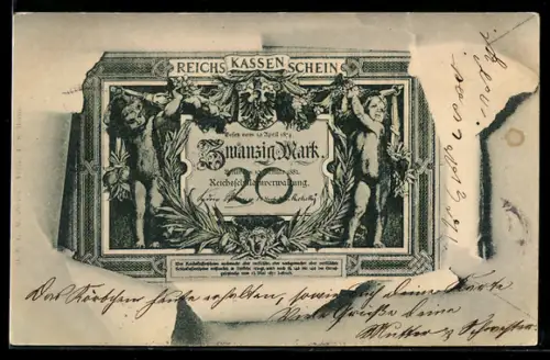 AK Geldschein über zwanzig Mark durch zerrissenes Papier