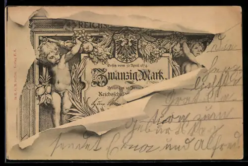 AK Zwanzig Mark, Reichskassenschein im aufgerissenen Briefumschlag, Kinderfiguren mit Früchten, Wappen