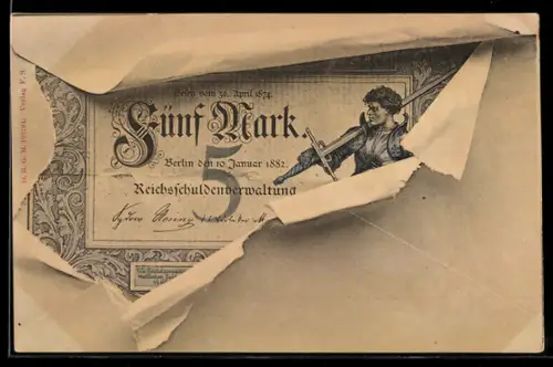 AK 5-Markschein im aufgerissenen Umschlag, Reichsschuldenverwaltung, Ritter mit Schwert
