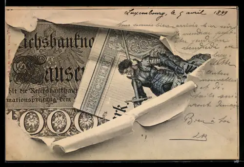 AK Reichsbanknote 100 Mark im aufgerissenen Umschlag, Ritter mit Schwert