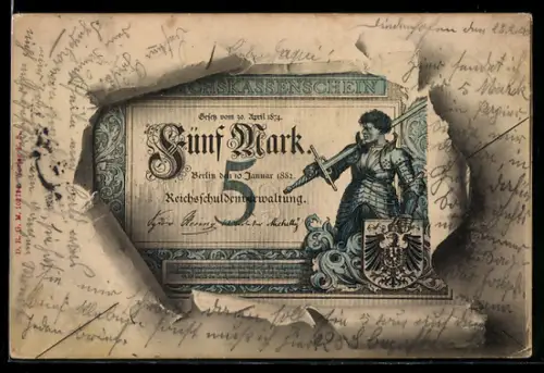 AK 5-Markschein im aufgerissenen Umschlag, Reichsschuldenverwaltung, Ritter mit Wappen