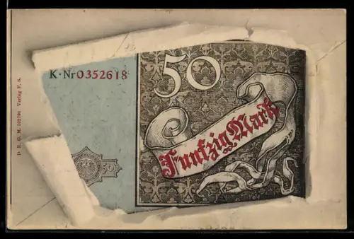 AK 50-Markschein im aufgerissenen Briefumschlag, Ornamente, Schriftband