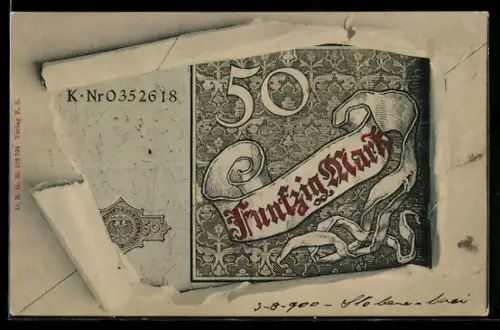 AK 50-Markschein im geöffneten Briefumschlag, Ornamente, Schriftband