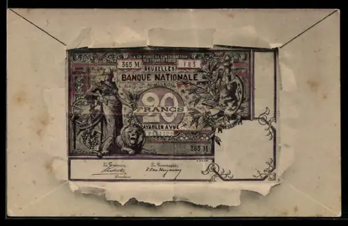AK Brüssel, Banque Nationale, 20 Francs im geöffneten Briefumschlag