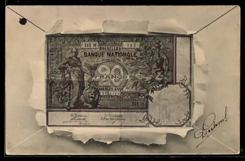 AK Geldschein aus Belgien, 20 Francs Banknote