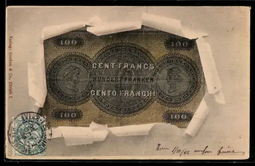 AK Geldschein über hundert Franken durch zerrissenes Papier