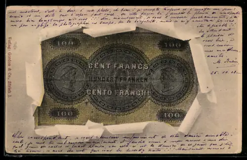 AK Geldschein über hundert Franken durch zerrissenes Papier