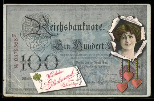 Künstler-AK Berlin, Frau durch zerrissenen Geldschein, Glückwunsch zum Namenstag