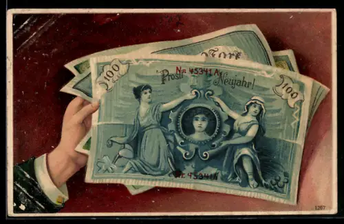 AK Neujahrsgruss, Geldscheine