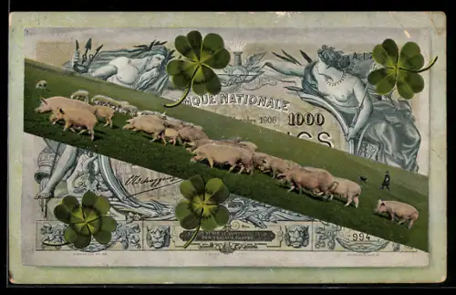 AK Gelschein, Schweine auf einer Wiese, Kleeblätter