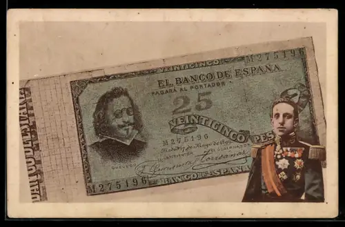 AK Madrid, Geldschein und Soldat in Uniform