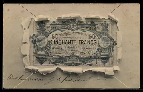 AK Geldschein Cinquante Francs in einem aufgerissenen Brief