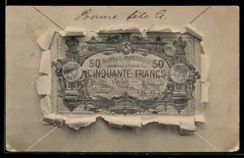 AK Geldschein Cinquante Francs in einem aufgerissenen Brief