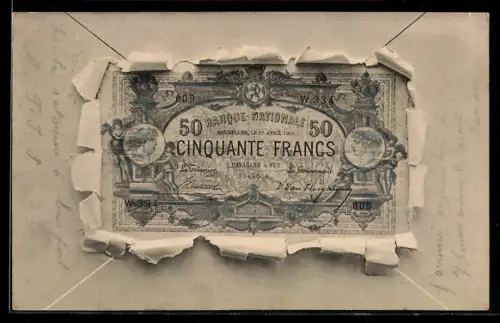 AK Geldschein Cinquante Francs in einem aufgerissenen Brief