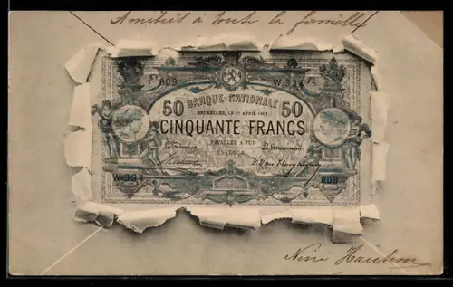 AK Geldschein Cinquante Francs in einem aufgerissenen Brief