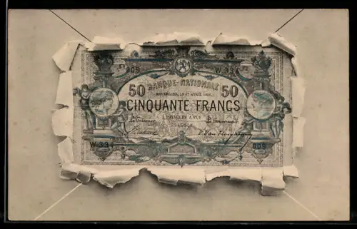 AK Geldschein Cinquante Francs in einem aufgerissenen Brief