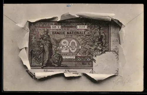 AK Bruxelles, Geldschein über zwanzig Francs durch zerrissenes Papier