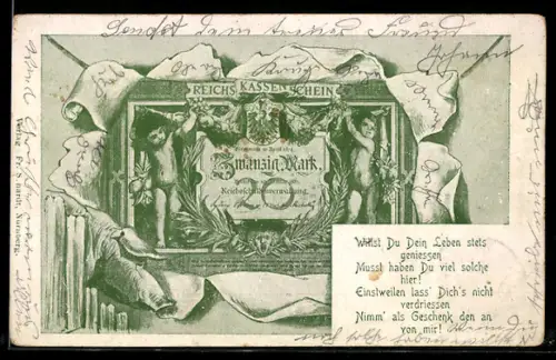 AK Geldschein über zwanzig Mark durch zerrissenes Papier