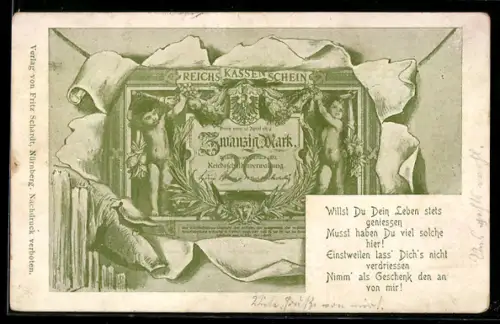 AK Geldschein über zwanzig Mark durch zerrissenes Papier