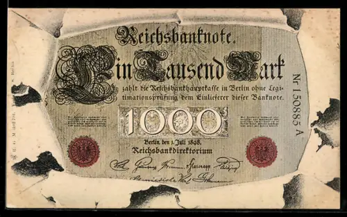 AK Berlin, Geldschein über eintausend Mark durch zerrissenes Papier