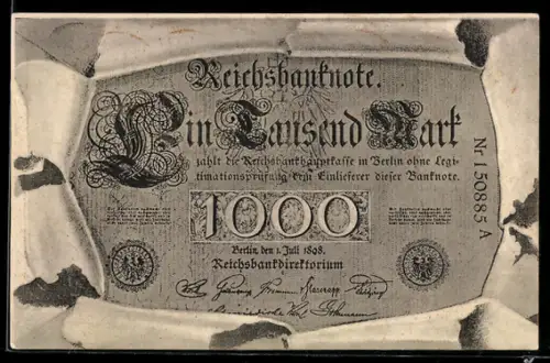 AK Berlin, Geldschein über eintausend Mark durch zerrissenes Papier