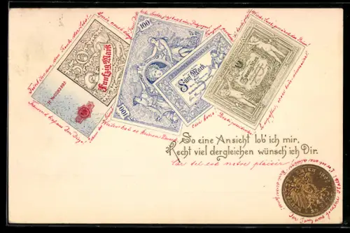 Präge-AK Verschiedene Geldscheine und Münze