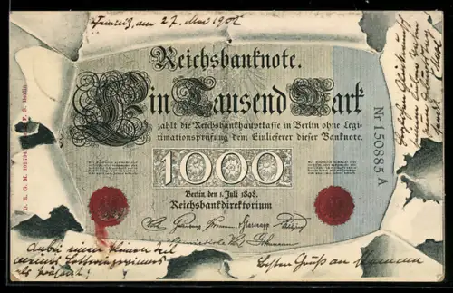 AK Geldschein über eintausend Mark durch zerrissenes Papier