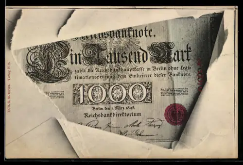 AK Berlin, Geldschein über eintausend Mark durch zerrissenes Papier