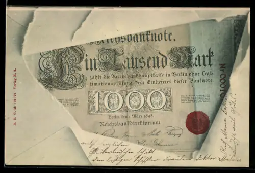 AK Geldschein Ein Tausen Mark durch zerrissenes Papier