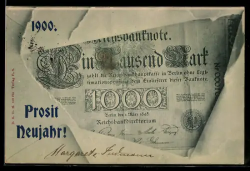 AK Berlin, Geldschein durch zerrissenes Papier, Neujahrsgruss