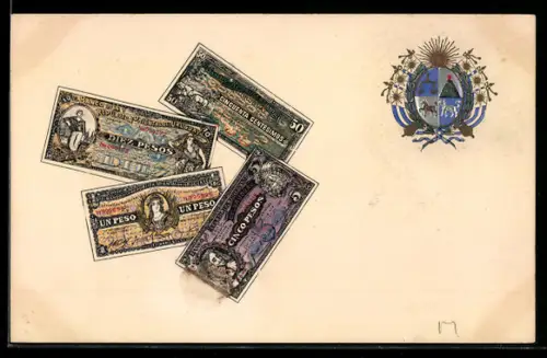 Künstler-AK Uruguay, Geldscheine, Wappen