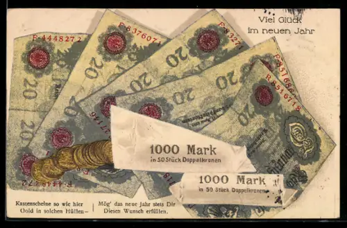 Präge-AK Geldscheine- und gerollte Münzen, Neujahrsgruss