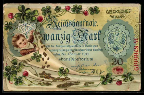 Präge-AK Kleiner Junge im gerollten Geldschein, Münzen und Kleeblätter, Neujahrsgruss