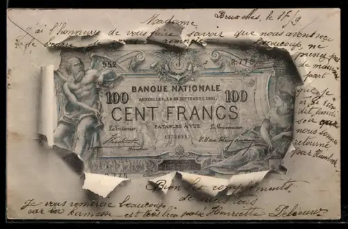 AK Einhundert Francs-Schein mit Briefumschlag-Passepartout