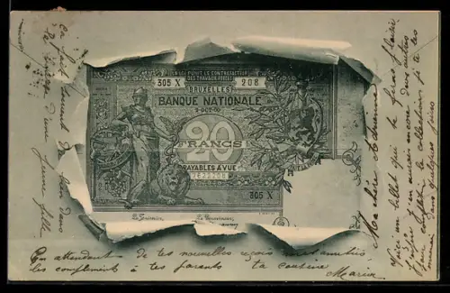 AK Bruxelles, Geldschein über zwanzig Francs durch zerrissenes Papier