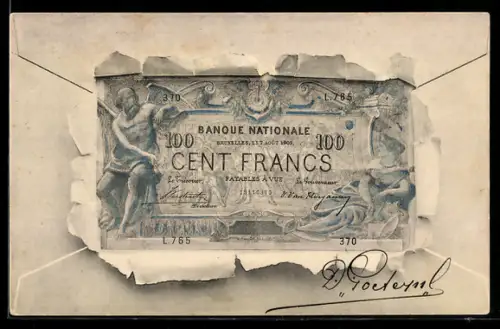 AK Geldschein Cent Francs in einem aufgerissenen Brief