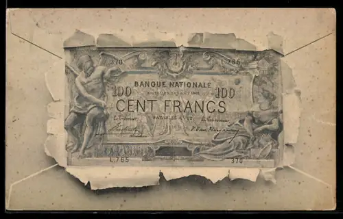 AK Geldschein Cent Francs in einem aufgerissenen Brief