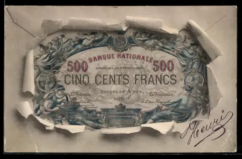 AK Geldschein über fünfhundert Francs durch zerrissenes Papier