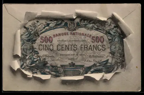 AK Geldschein über fünfhundert Francs durch zerrissenes Papier
