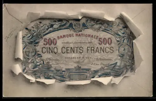 AK Geldschein über fünfhundert Francs durch zerrissenes Papier