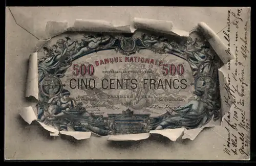 AK Geldschein über fünfhundert Francs durch zerrissenes Papier
