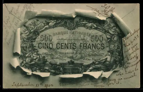 AK Geldschein über fünfhundert Francs durch zerrissenes Papier