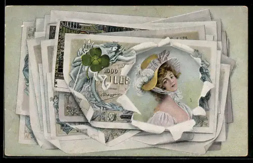 AK Frauenportrait durch zerrissenen Geldschein