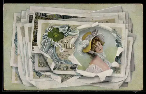 AK Frauenportrait durch zerrissenen Geldschein