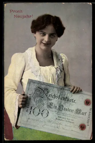 AK Lächelnde Frau mit grossem Einhundert Reichsmark-Schein