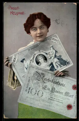 Künstler-AK Hübsche Dame mit einer Ein Hundert Mark Reichsbanknote, Geld