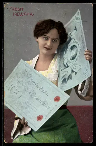 AK Lächelnde Frau mit Einhundert Reichsmark-Scheinen