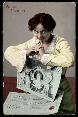 AK Fräulein mit zwei grossen Reichsbanknoten zum neuen Jahr