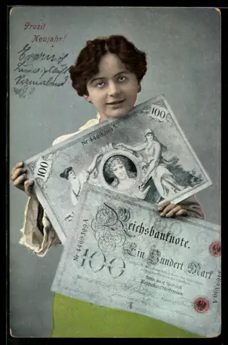 Künstler-AK Hübsche Dame mit einer Ein Hundert Mark Reichsbanknote, Geld